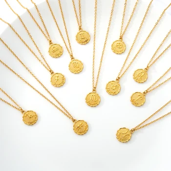 

Charm Twelve Constellations Coin Necklace Statement Copper Leo Pendant Necklace Twelve Horoscope Clavicle Chain Friendship Gift