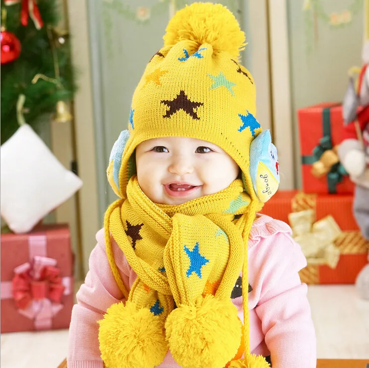 Детская шапка на осень и зиму, новая детская шапка, шарф, костюм, детская теплая вязаная шапка с рисунком пятиконечной звезды, шерстяная шапка для младенцев