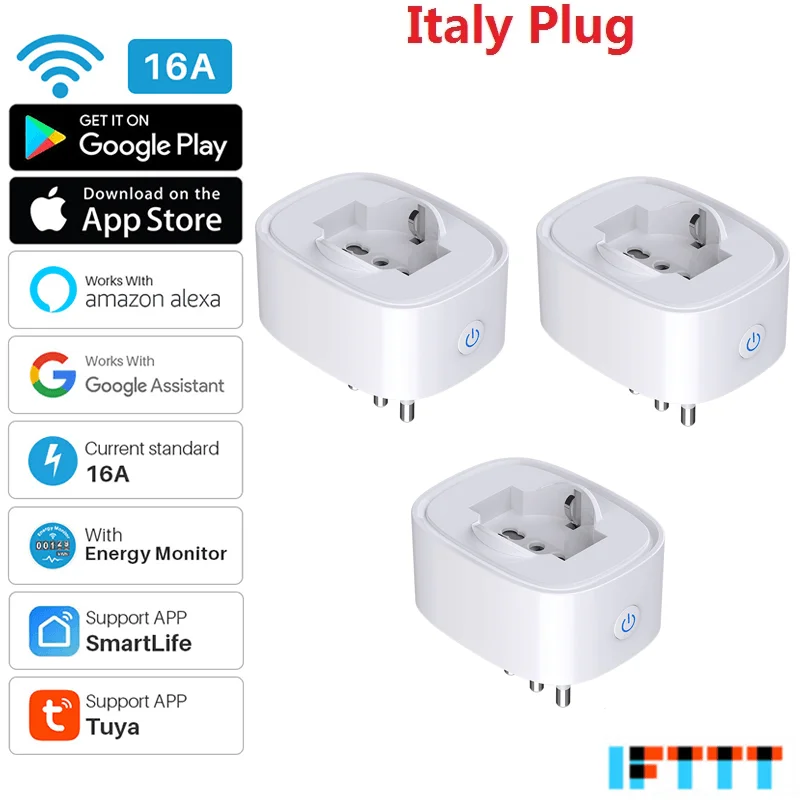 New Tuya 16A Italy Standard WiFi Smart Plug With Power Monitor, Smart Life APP Smart Socket Voice Work For Google Home Alexa 
