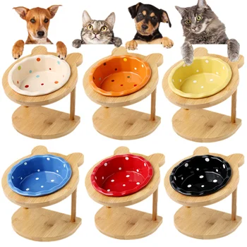 

New Cat Ear High-end Pet Bowl Bamboo Shelf Ceramic Feeding and Drinking Bowls for Dogs and Cats Pet Feeder Cute Dot Pet Supplies