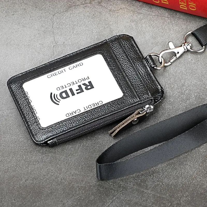 Portable Genuine Leather RFID Blocking Business Lanyard Purse Wallet ID Card Credit Holder
