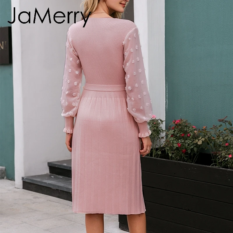 JaMerry винтажное элегантное женское трикотажное платье, сексуальное Плиссированное женское платье с длинным рукавом и поясом, осенне-зимний свитер, облегающие платья для вечеринок