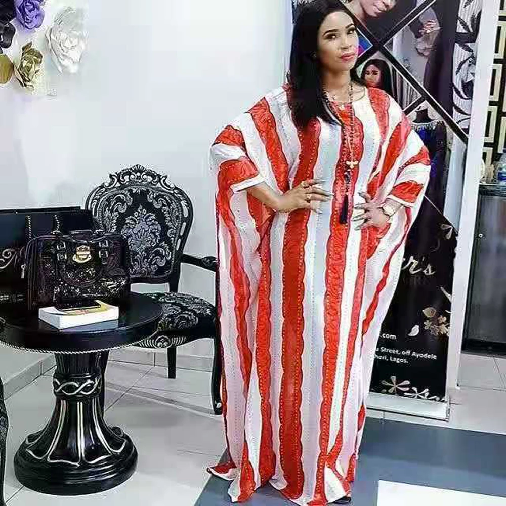 s Spring Striped Loose Fashion African Dresses for Women Bazin Riche Sexy Batwing Sleeve Femme Robe