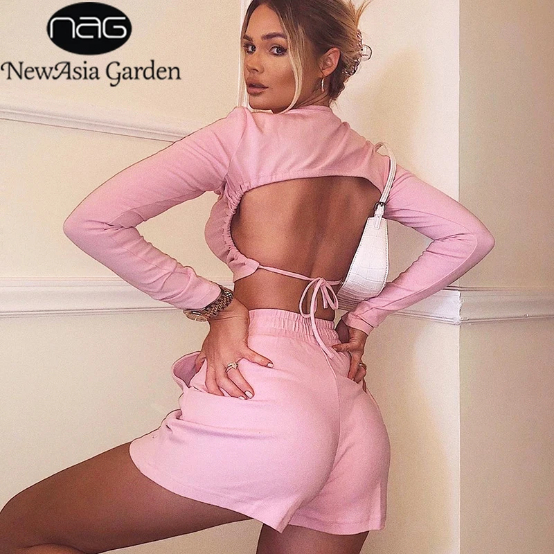 NewAsia Pink Activewear Two Piece Set Women Sexy Backless Long Sleeve Crop Top Shorts Tracksuit Womens Summer Loungewear Set NewAsia Pink Activewear Two Piece Set Women Sexy Backless Long Sleeve Crop Top Shorts Tracksuit Womens Summer Loungewear Set