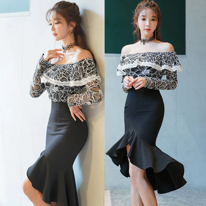 

2019 New Style Women's Spring Debutante Dress Western Style Slim Fit Slimming Sheath Fishtail Skirt High-waisted Two-Piece Set F