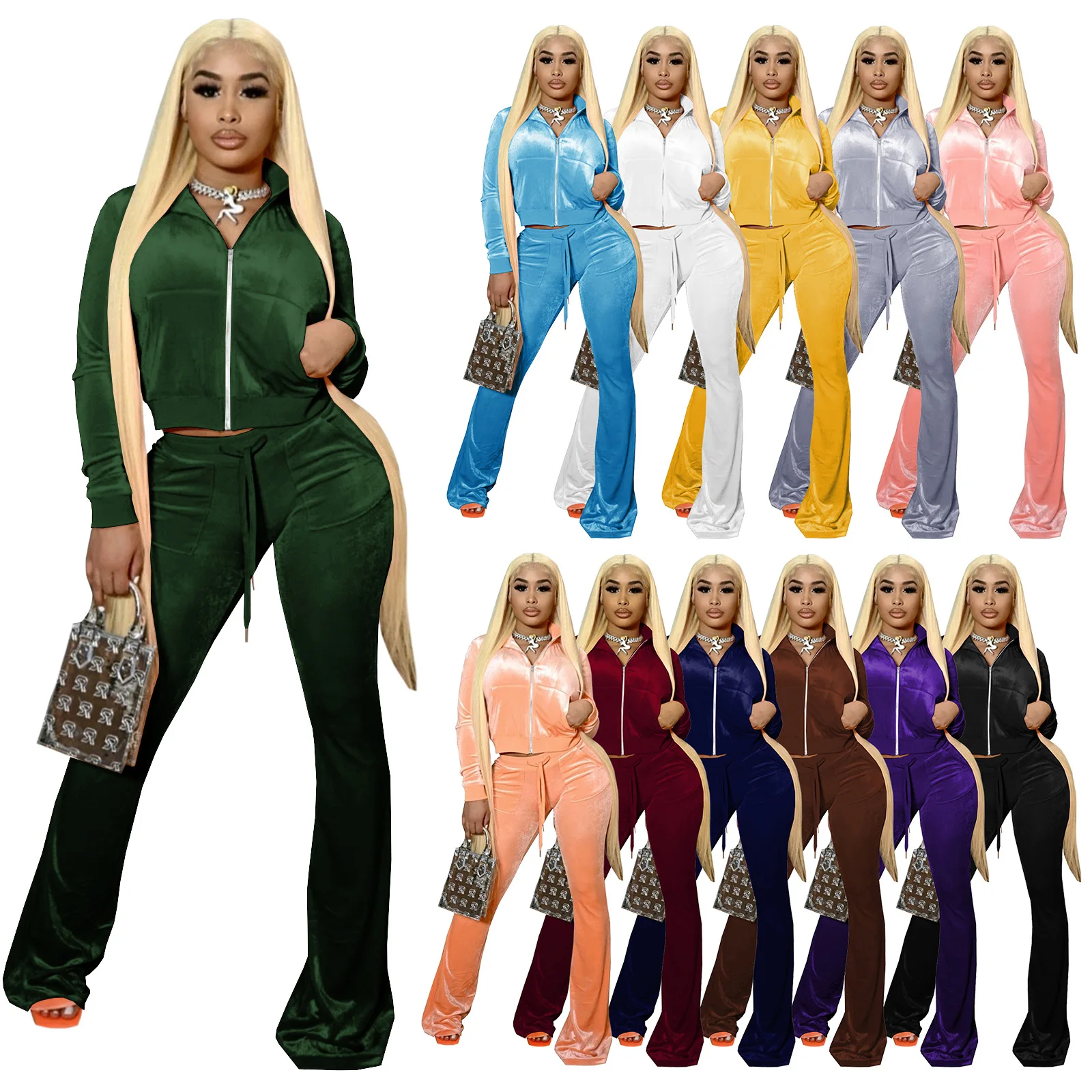 12 Color Velvet Tracksuit Women Two Piece Set Jacket Top + Wide Leg Sweatpant Matching Set Lounge Wear Sports Wear Jogger Female