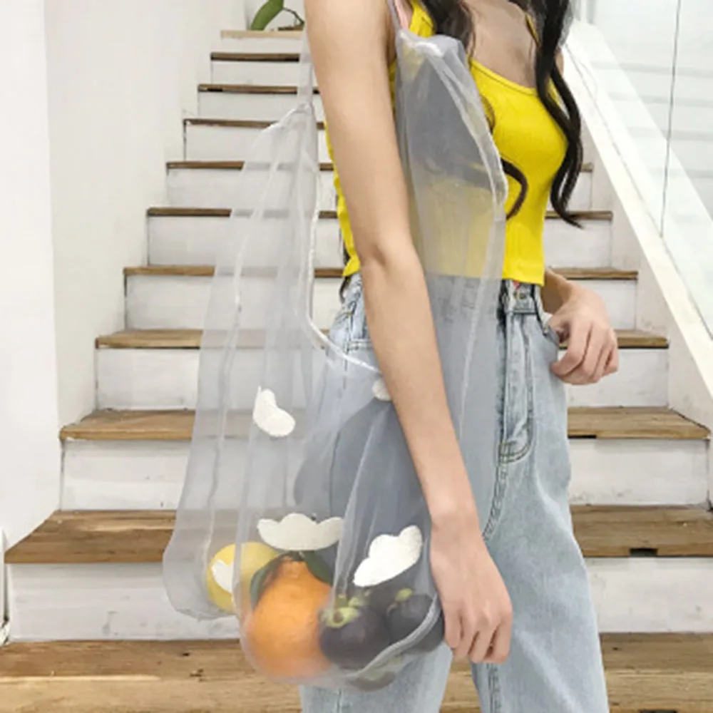 

New Ins Organza Shopping Bag Shoulder Bags Lace Mesh Bag Reusable Foldable Totes Women Clear Storage Handbag