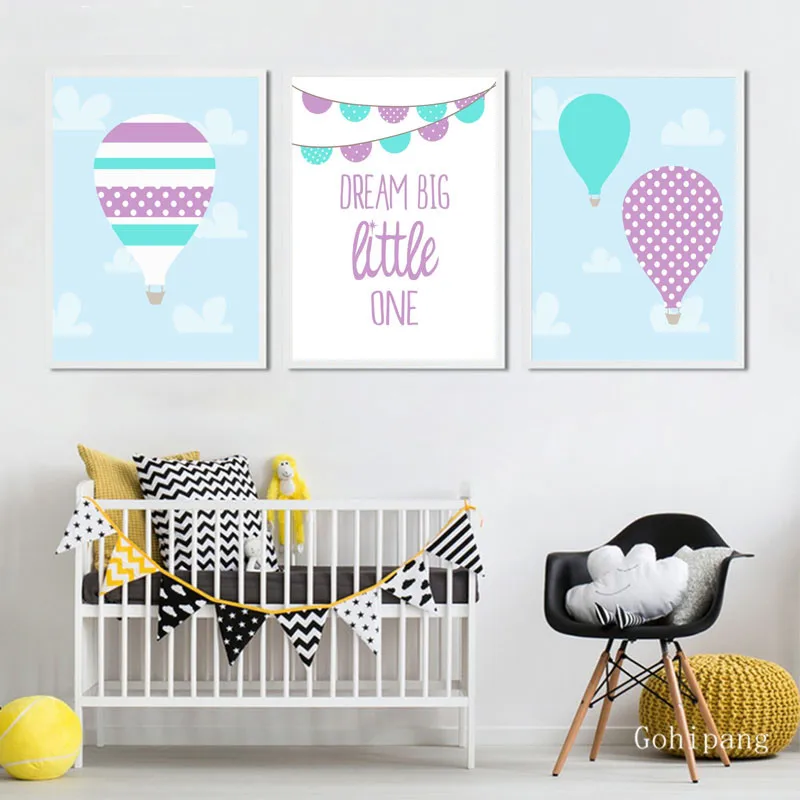 Baby-Girl-Nursery-Art-Hot-Air-Balloon-and-Dream-Big-Little-One-Quote-Nordic-Posters-Wall (3)