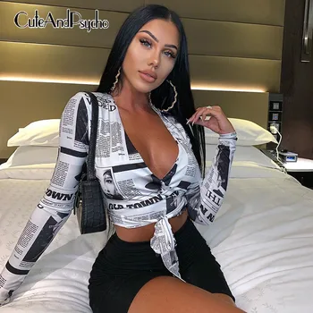 

Newspaper Print Bandage V-Neck T-Shirt Femme Lace-Up Bow Sexy Long Sleeve Crop Top Fashion New Autumn Tshirt Women Cuteandpsycho