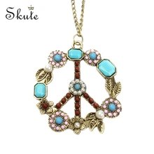 Skute Vintage Colorful Flower Anti-war Sign Peace Symbol Pendant Necklaces for Women Sweater Long Chain Necklace Fashion Jewelry