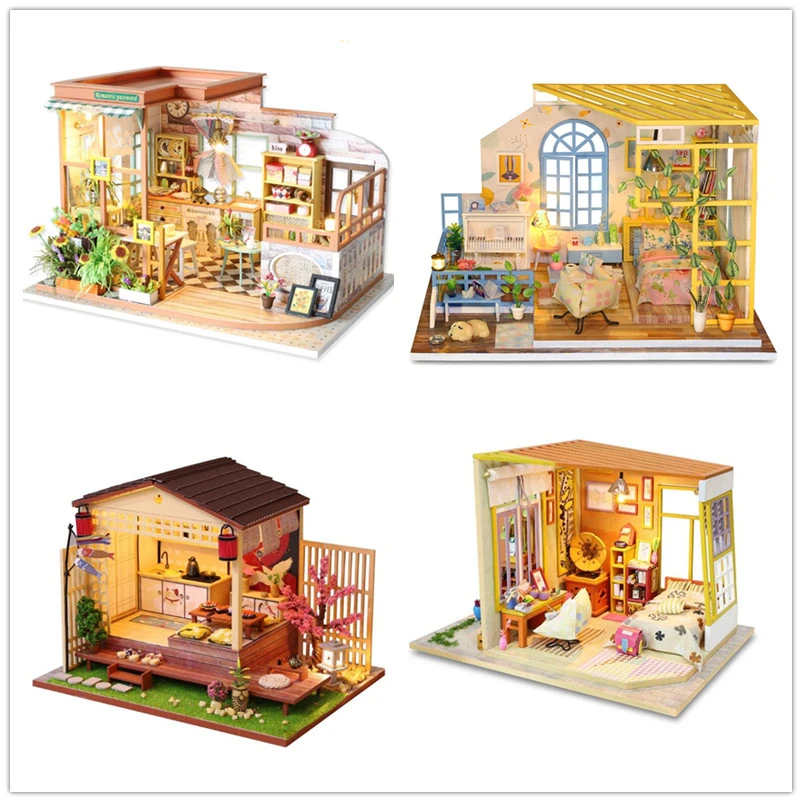 DIY DollHouse Kit Handwerk mit LED Handmade Holz Haus Gebäude Kits Spielzeug 
