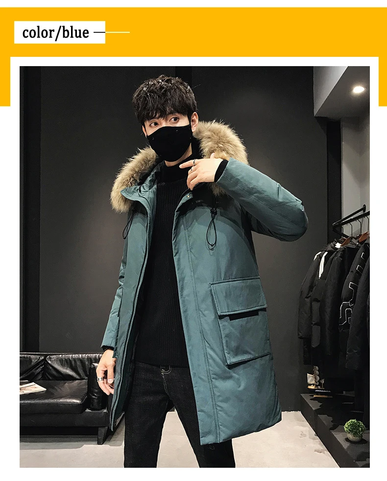 Winter Raccoon Fur Collar Hooded Down Jackets Men 60% White Duck Down Pockets Thicken Warm Fashion Long Coats white puffer coat