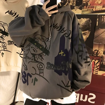 

2019 Winter Men's Loose Doodle Printing Hoodies Casual Clothes Sweatshirts Thickening Velvet Pullover Keep Warm Coats Size M-2XL