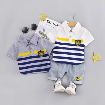 

Fashionable new baby boy clothes summer lapel short sleeve shorts suit striped letter printed cotton casual baby two-piece suit