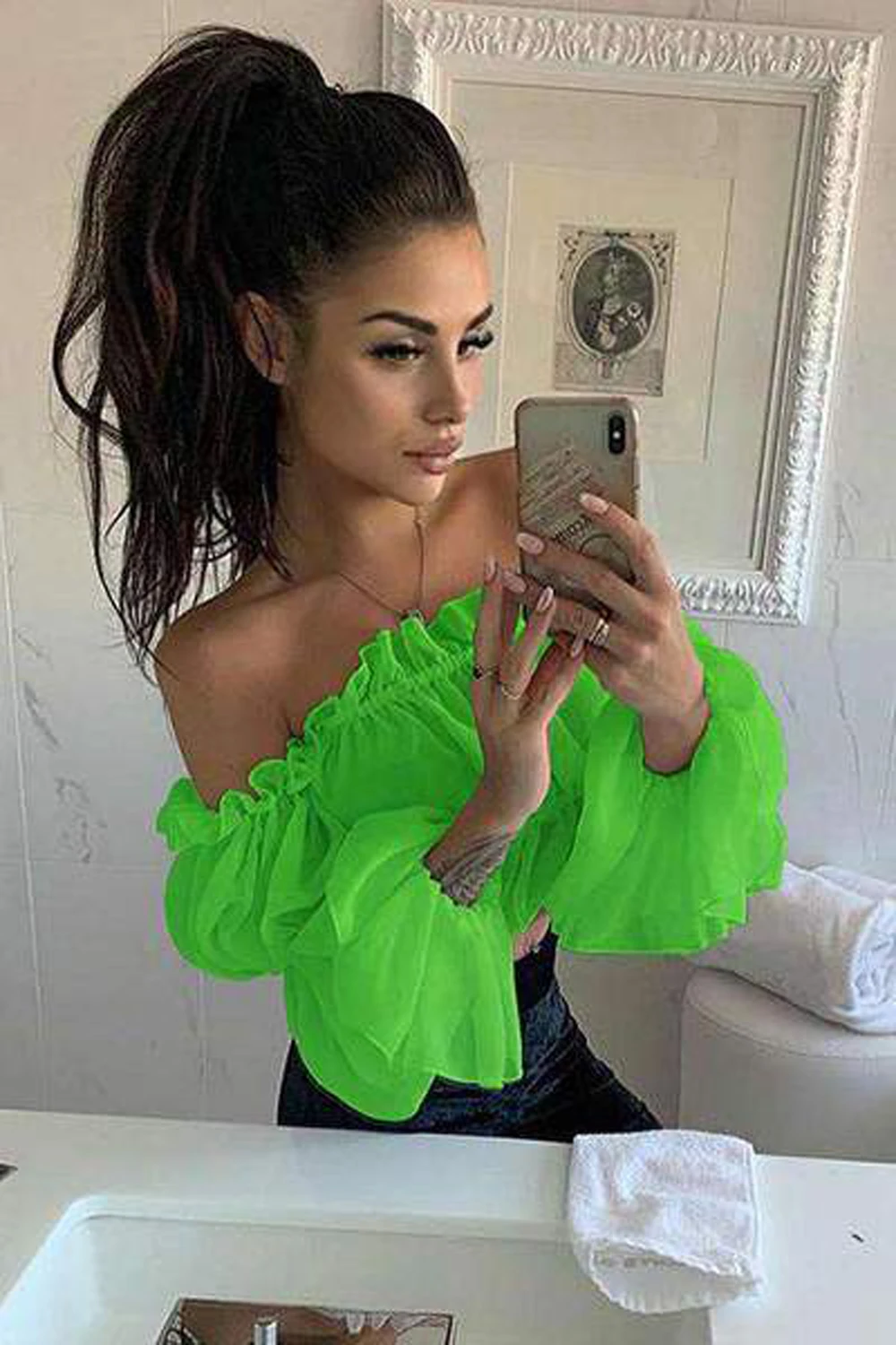 Women Chiffon Blouse Long Puff Sleeve Off Shoulder Crop Tops Blouses Loose Casual Shirts 2020 New Fashion Shirt Dropshipping white blouse for women