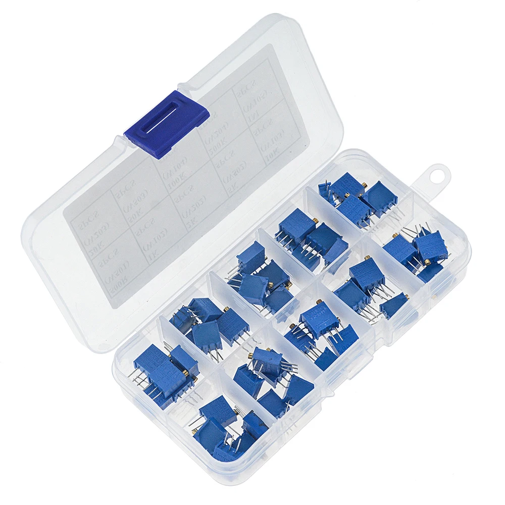 

50PCS/BOX 3296W Series 500R 1K 2K 5K 10K 20K 50K 100K 200K 1M Multi-turn Potentiometer 10K Variable Resistors