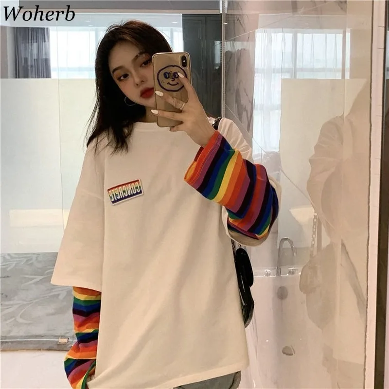

Woherb Rainbow Striped Fake Two Pieces T Shirt Women Casual Loose Harajuku BF Tops Female Korean Fashion New Streetwear 91296