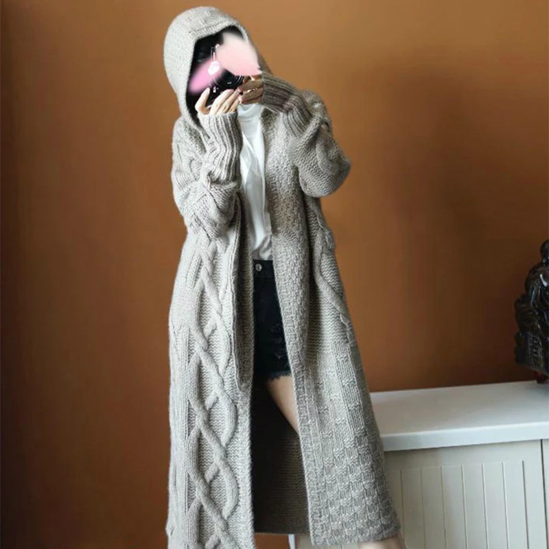 Long-sleeved Loose Cardigan Fashion Sweater Coat Long Casual Elegant Hooded Cardigan Sweater Autumn Winter Thick Women's Sweater