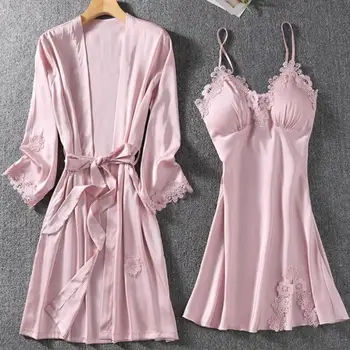 

Women Nightgown 2020 New 2PCS Sleep Set Satin Kimono Bathrobe Gown Sleepwear Silky Intimate Lingerie Lace Nightwear Homewear