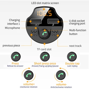 

NEW Car Transmitter Bluetooth 5.0 Car Mp3 Player Modulator Adapter Battery Voltage TF Card Hands-free Dual USB Smart T66