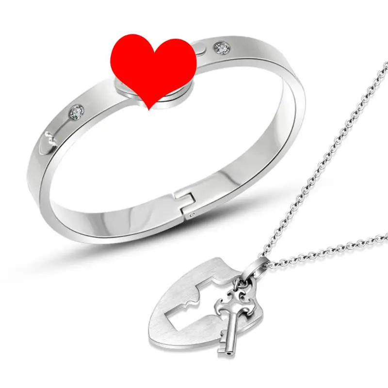

Fashion Men Women Heart-shaped Bracelet Titanium Steel Concentric Lock Couple Bracelets Necklace Jewelry Set Gifts