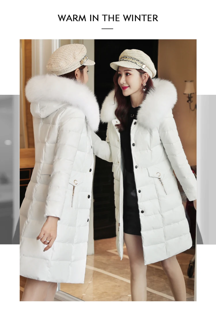 HANZANGL New Winter Women's Leather Down Jacket Korean Version Slim long Fox Fur Collar Fur Coat Women's Clothing