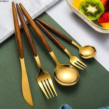 

5pcs Wooden Tableware Set 304 Stainless Steel Fork Spoon Knife Set Vintage Cutlery Set Dinner Dinnerware Set Free Shipping Gold