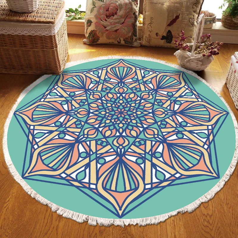 ​Home Decor Retro Bohemian Round Carpet Hand Woven Cotton Linen Carpet Rug Bedside Rug Geometric Floor Mat Living Room Carpet