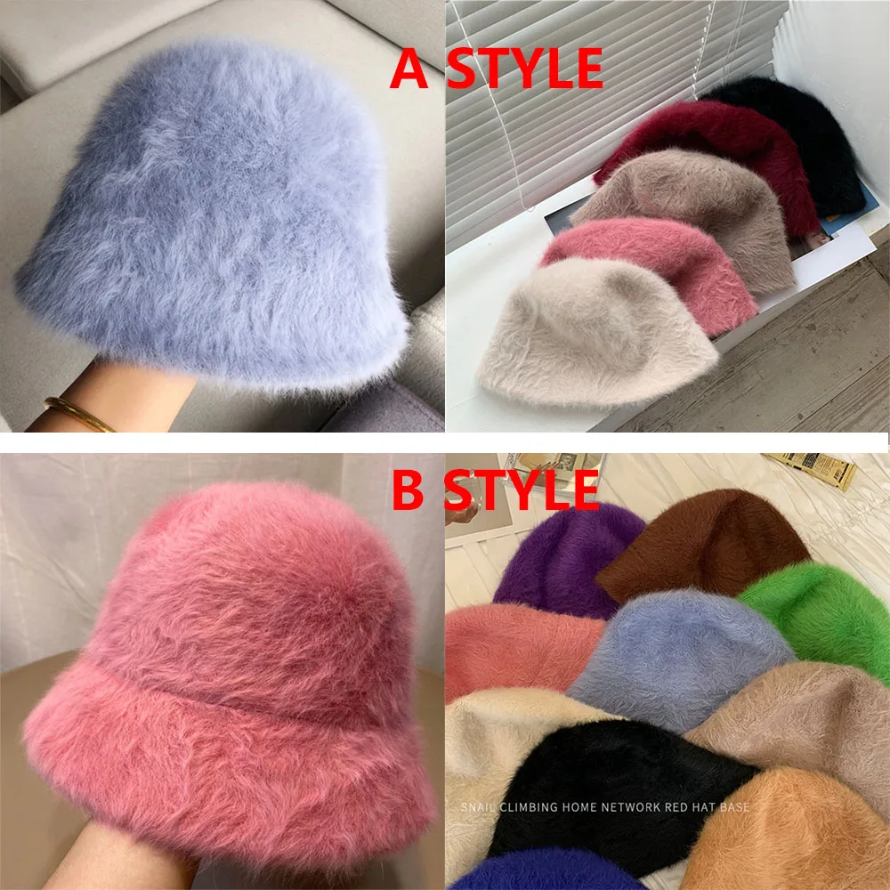 Women Bucket Hat winter fashion Solid color rabbit fur hat bucket cap fisherman's hat retro knitted wool basin Bucket Hat women bucket hat women hat bucket hat