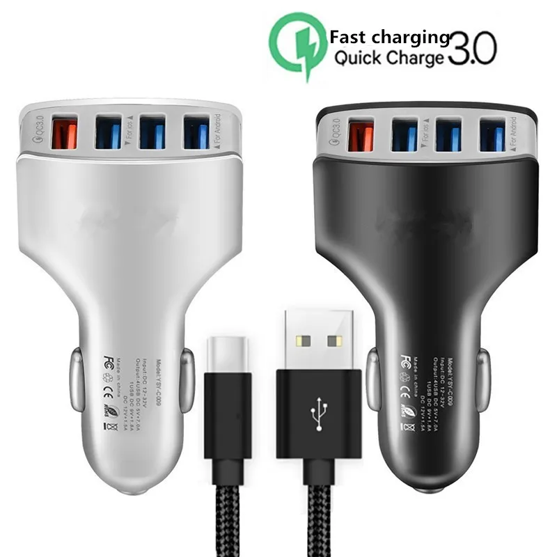 QC 3 0 4 порта USB Автомобильное зарядное устройство фута кабель для iphone Huawei honor 8C 8X Y9 Y7