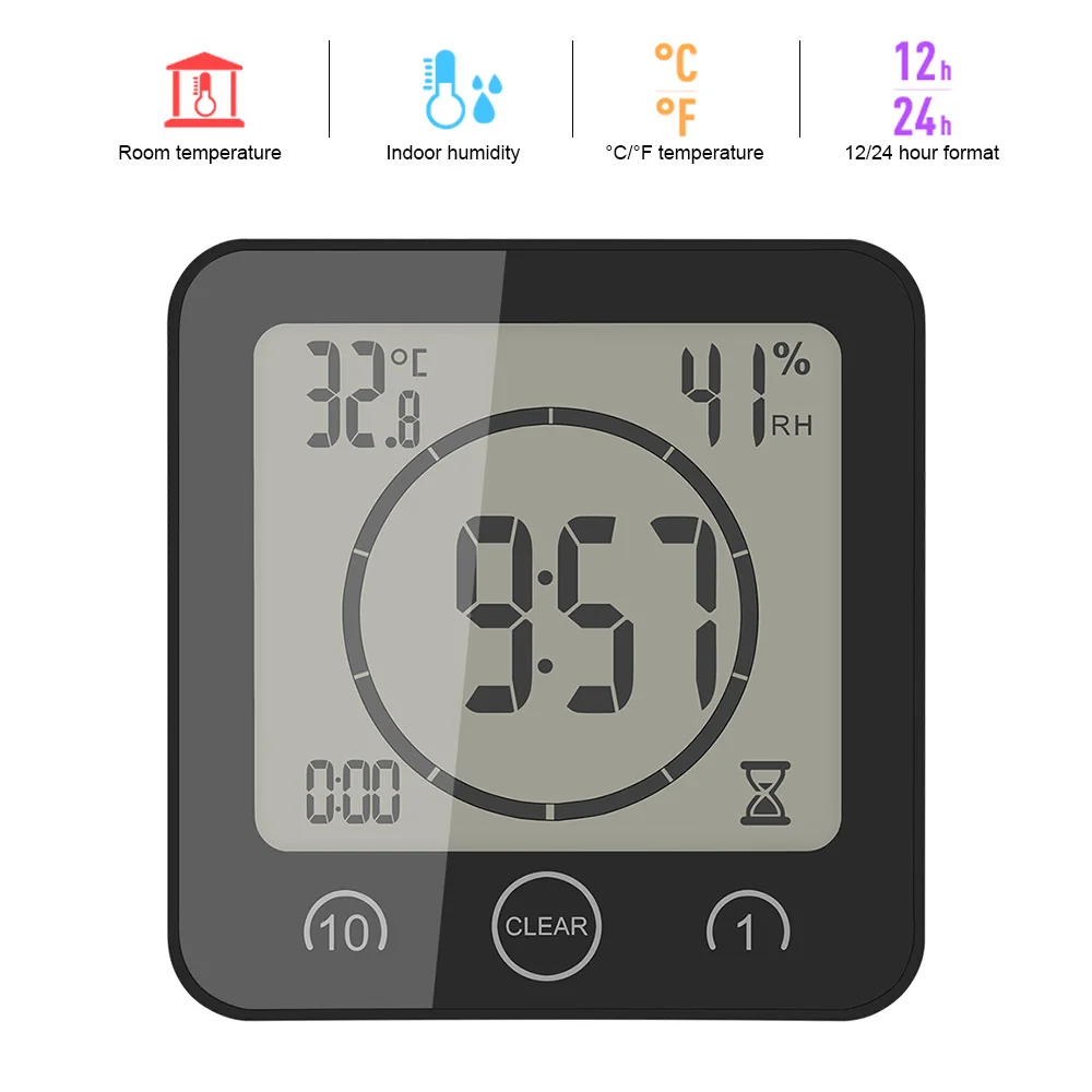 LCD Screen Waterproof Digital Bathroom Wall Clock Temperature Humidity Countdown Time Function Wash Shower Hanging Clocks Timer 