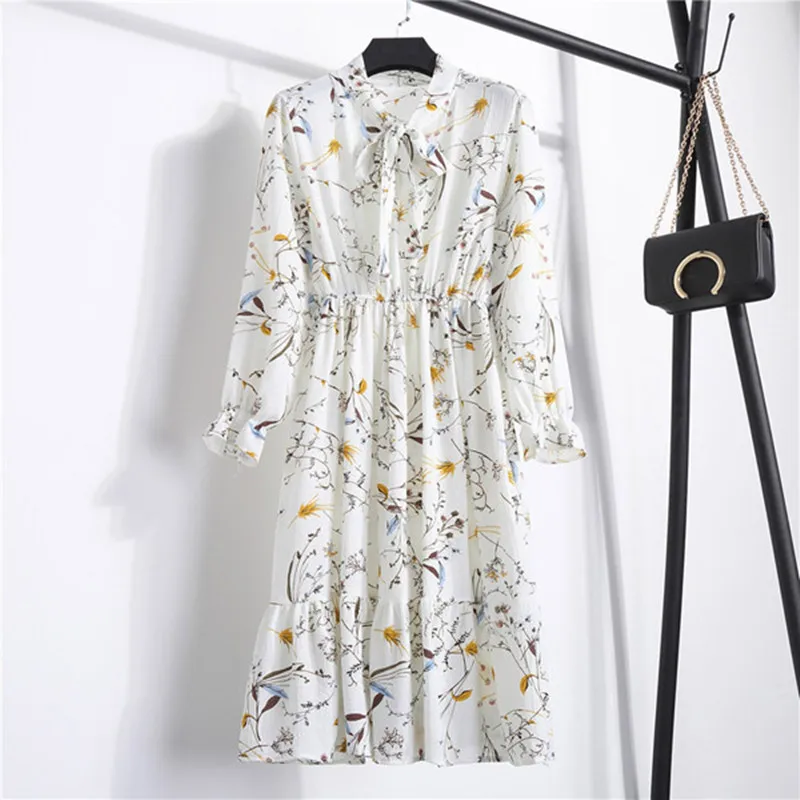 Женское осенне-зимнее платье миди с цветочным принтом элегантные офисные шифоновые платья модное женское платье с длинным рукавом Vestidos