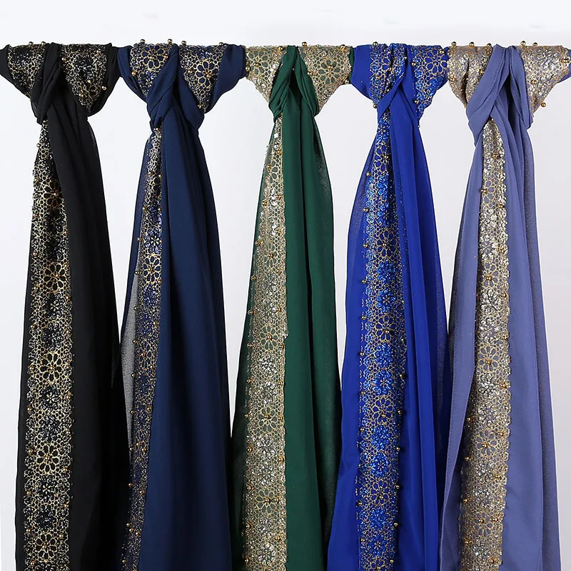 

Bubble Chiffon Muslim Headwear Scarf Hijab Women Wrap Soft Long Shawl With Gold Glitter Sparkle Flowers Beads Islamic Headscarf