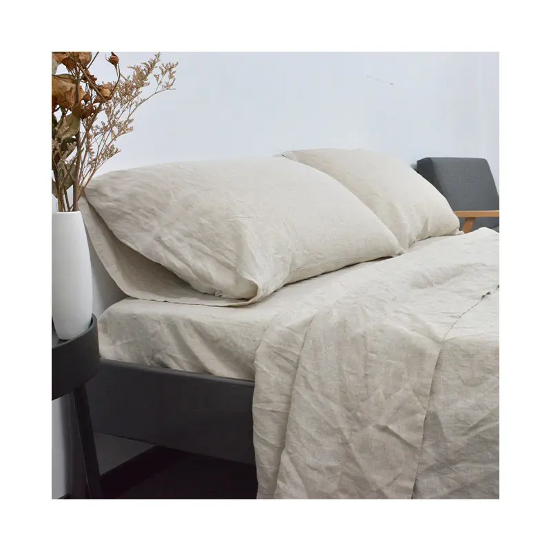 3PCS 100% Linen Elastic Sheet Set, 1 Bed Sheet, 2 Pillowcases, Breathable Soft Farmhouse Bedding Bedsheet, Fitted Sheet Set 4