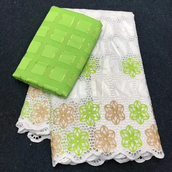 

(2.5+2.5yards/set) elegant lemon green and white African hollow out bazin lace plus matched Swiss cotton lace for party BZX051