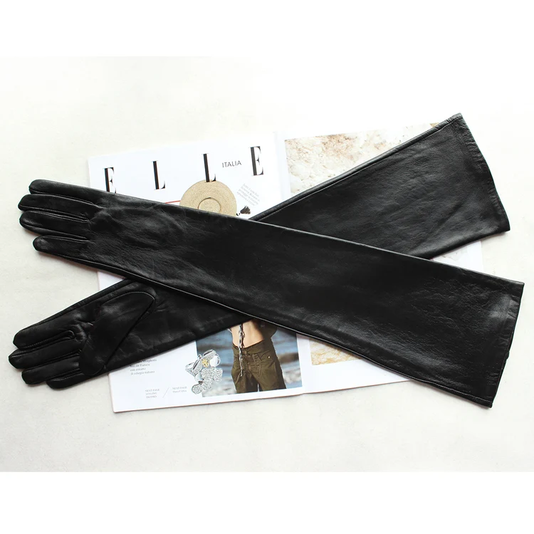 New Women's Super Long Leather Gloves Over Elbow Fashion Black Imported Sheepskin High Quality Mink Leather Touch Screen Gloves