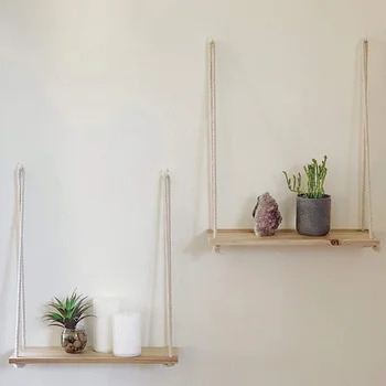 

Nordic Style Wooden Retro Plant Shelf Small household parts Storage Rack Wall Rope Hanging Shelf
