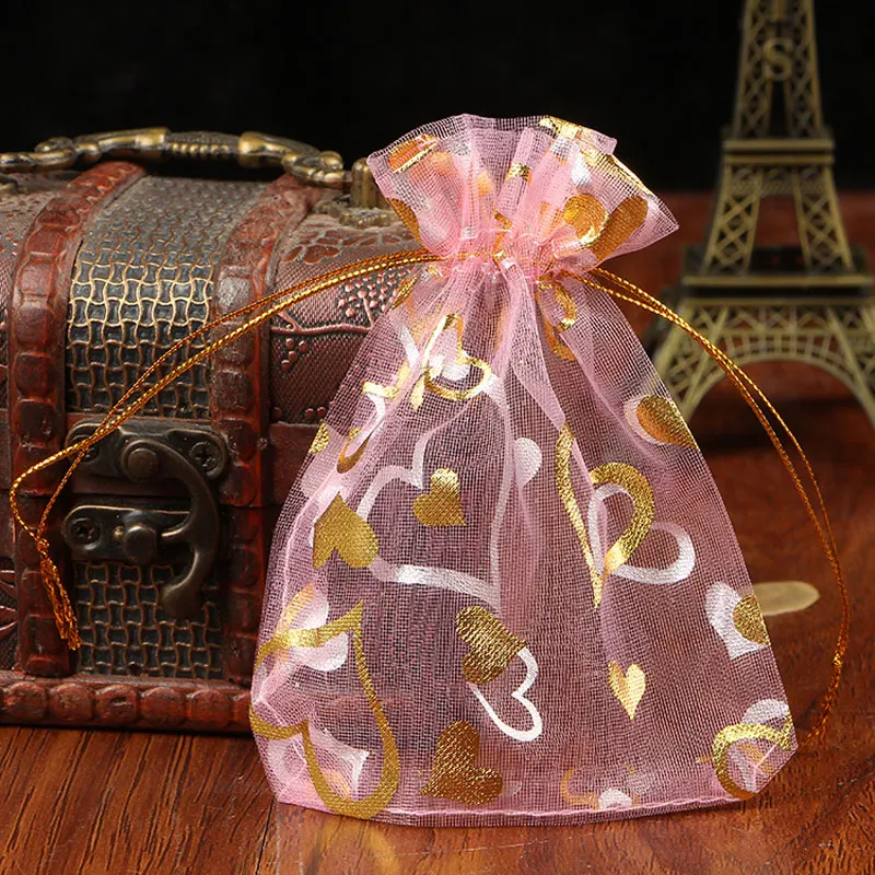Wholesale 100pcs15x20cm Voile Gift Bag Gold Heart Organza Bags Jewelry Packing Drawstring Pouch
