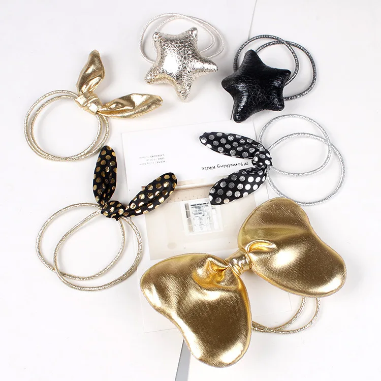 

Korea Creative New Rubber Band Bow Gold And Silver Pearl Bow Leather Band Hair Rope Hair Accessories Headdress G0806
