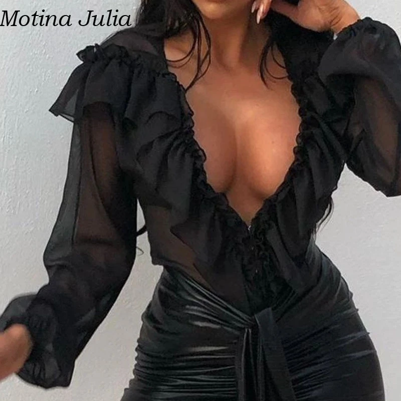 

Motina Julia Elegant ruffle sexy chiffon bodysuit Autumn club black jumpsuit romper Casual cool beach daily romper overalls