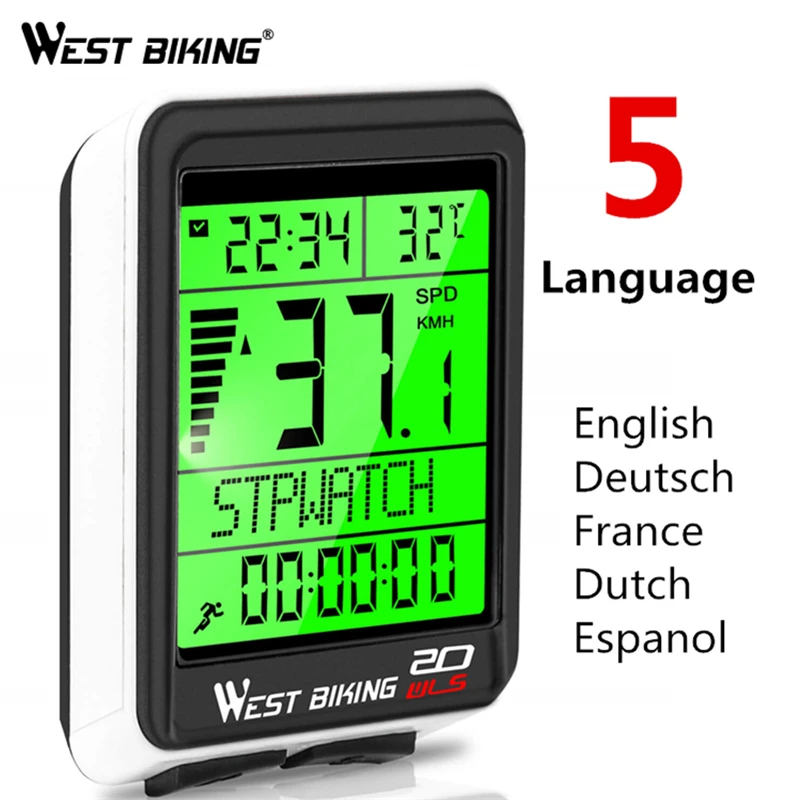 

WEST BIKING Waterproof Bike Computer Wireless 5 Language Bicycle Cycling Odometer Stopwatch Speedometer 2.1ins LED Bike Computer
