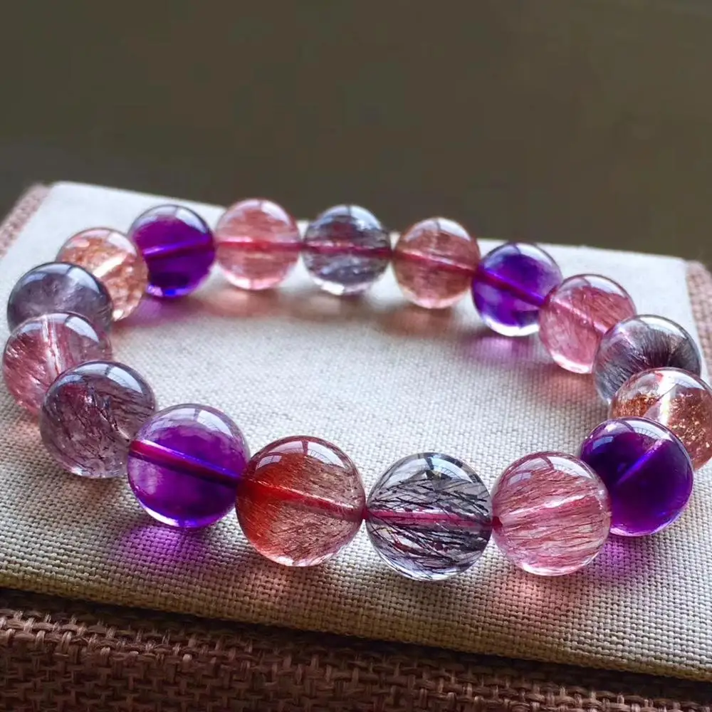 

Top Natural Red Super Seven 7 Lepidocrocite Quartz Rutilated Quartz Crystal 12mm Round Beads Bracelet Women AAAAAA Certificate