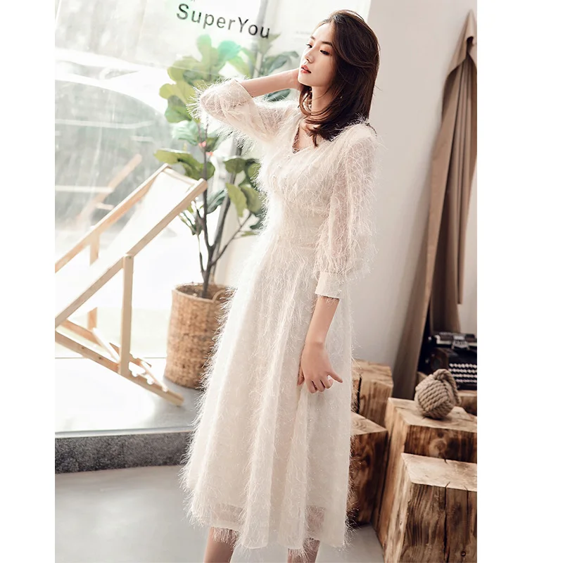 It's Yiiya Evening Dress Elegant White V-neck Evening Dresses LF192 Plus Size Formal Gowns Three Quarter Sleeve robe de soiree