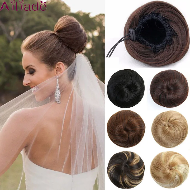 

AILIADE 9 Colors Straight Bun Drawstring Hair Chignon Donut Roller Hairpieces High Temperature Fiber Synthetic for Women