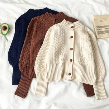 

Chic retro short slim twist thick needle solid color short design cardigan coat wool autumn winter half high neck knitted sweate