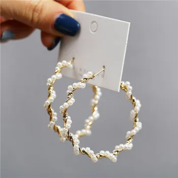 

IF ME Korean Big Round Circle Hoop Earrings For Women Fashion Gold Color Twisted Simulated Pearl Statement Earrings Jewelry Gift