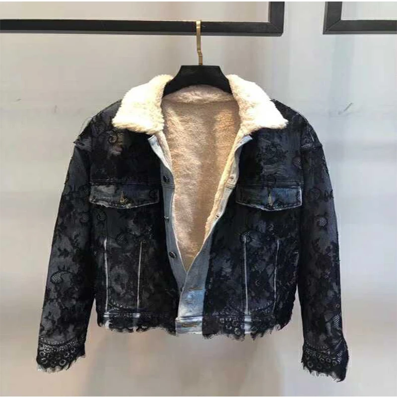 

Early autumn 19 men and women couples with the same 100 lace rabbit wool lamb Lapel jeans jacket cotton jacket jacket