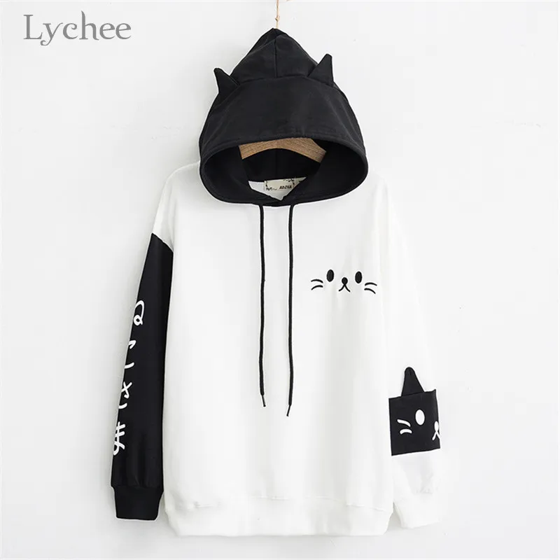 Lychee, Harajuku, с вышитыми буквами, лоскутные женские толстовки с капюшоном, хлопковые милые женские пуловеры, весна-осень, женские топы