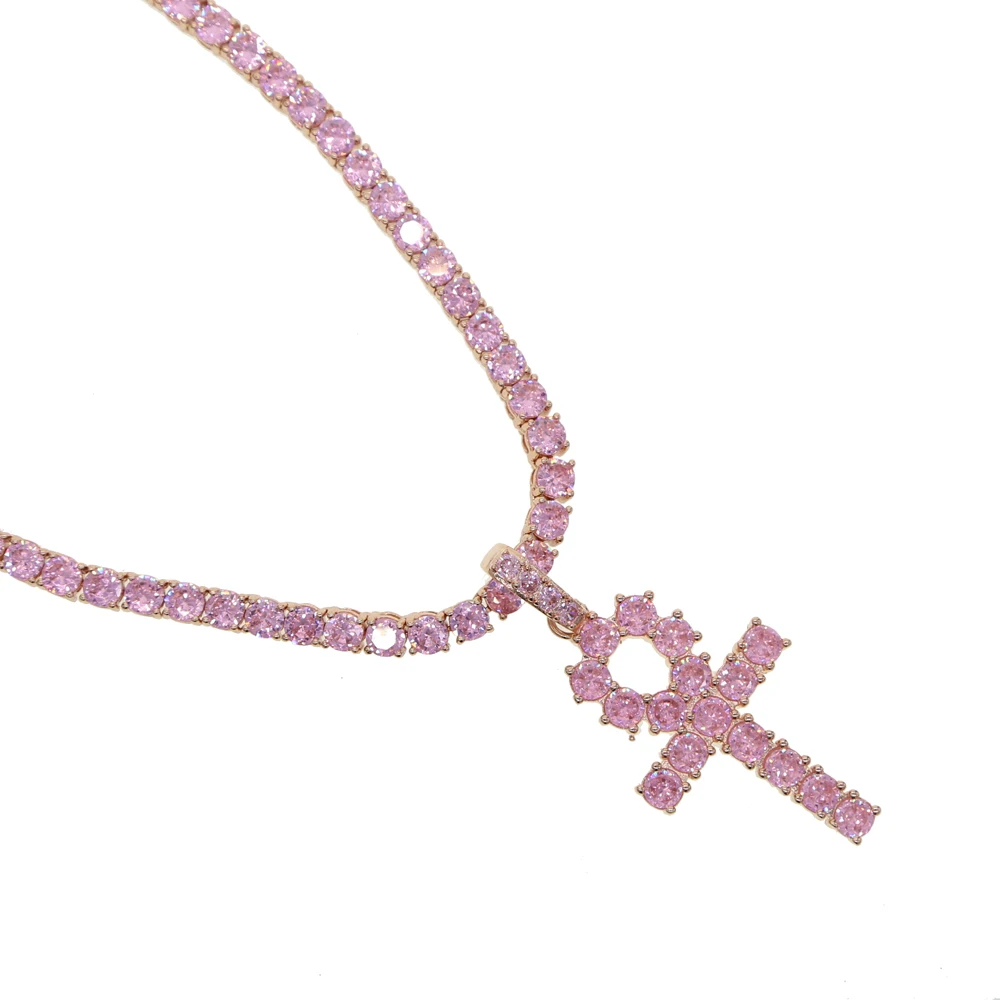 16" Pink cz tennis necklace with cross pendant for women gold rose gold pinky cz girl women hip hop jewelry - Окраска металла: N464-N465-R