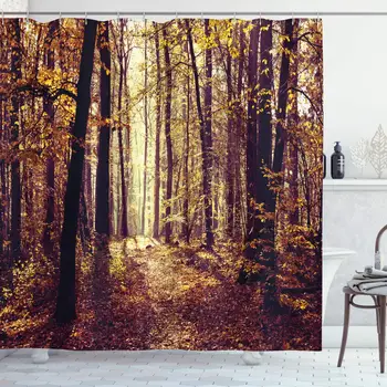 

Forest Shower Curtain, Mysterious Atmosphere Misty Woods Tree Nature Landscape Image, Cloth Fabric Bathroom Decor Set with Hooks